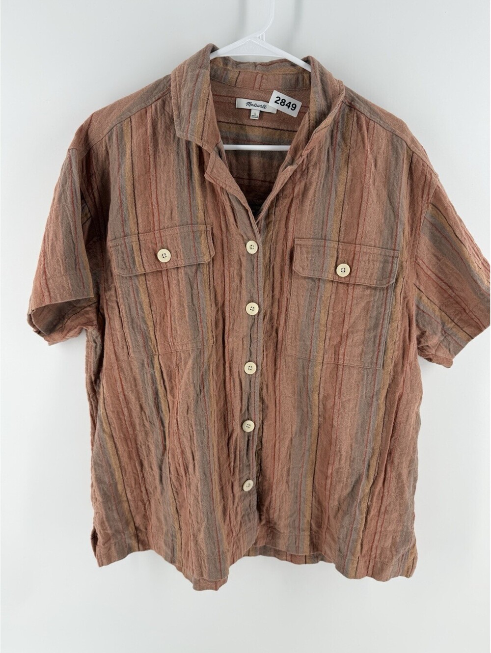 Madewell Stripe Cotton Linen Camp Shirt L Ground Clay Casual Coastal Resort